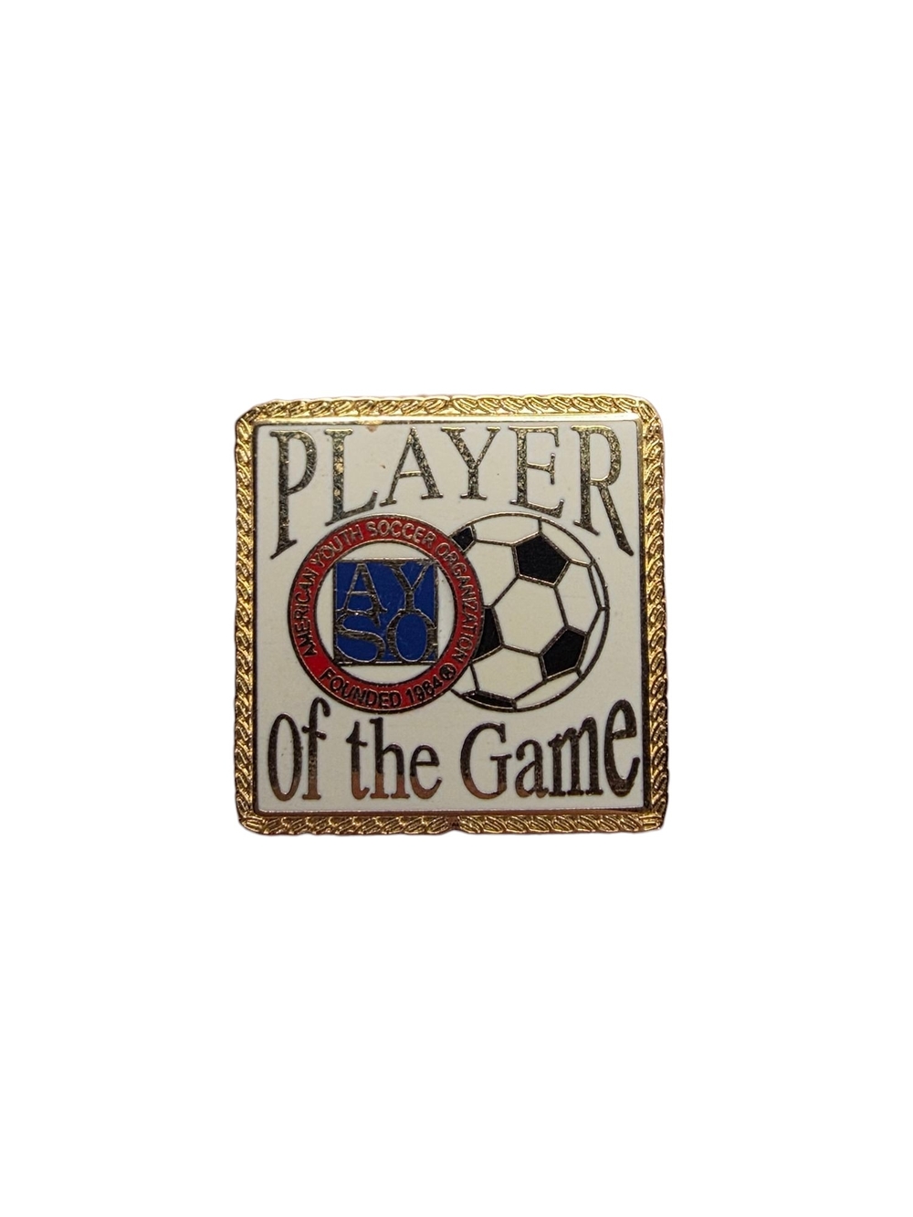 Vintage AYSO Soccer Player of the Game Enamel Lapel Pin 1" Square Gold Tone